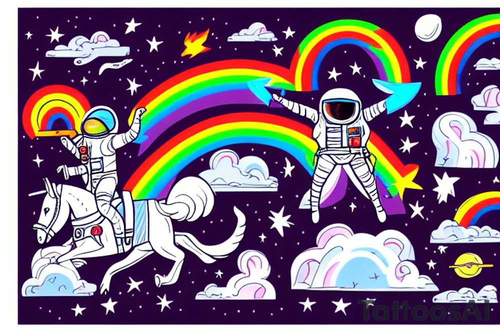 An astronaut riding a unicorn jumps out of a rainbow portal. He holds a flaming sword tattoo idea