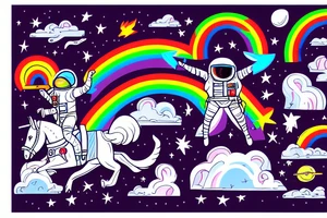 An astronaut riding a unicorn jumps out of a rainbow portal. He holds a flaming sword tattoo idea