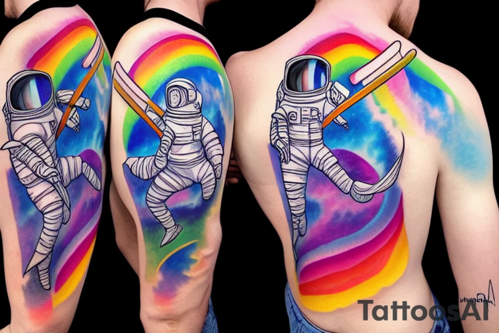 An astronaut riding a unicorn jumps out of a rainbow portal. He holds a flaming sword tattoo idea