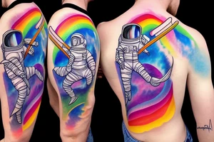 An astronaut riding a unicorn jumps out of a rainbow portal. He holds a flaming sword tattoo idea