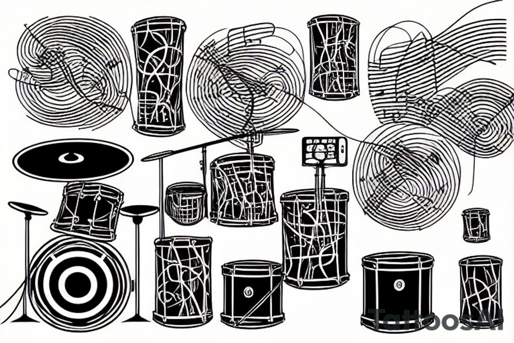 A music themed tattoo with lines connecting everything featuring drums and guitar. tattoo idea