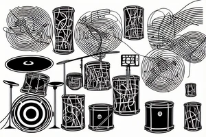 A music themed tattoo with lines connecting everything featuring drums and guitar. tattoo idea