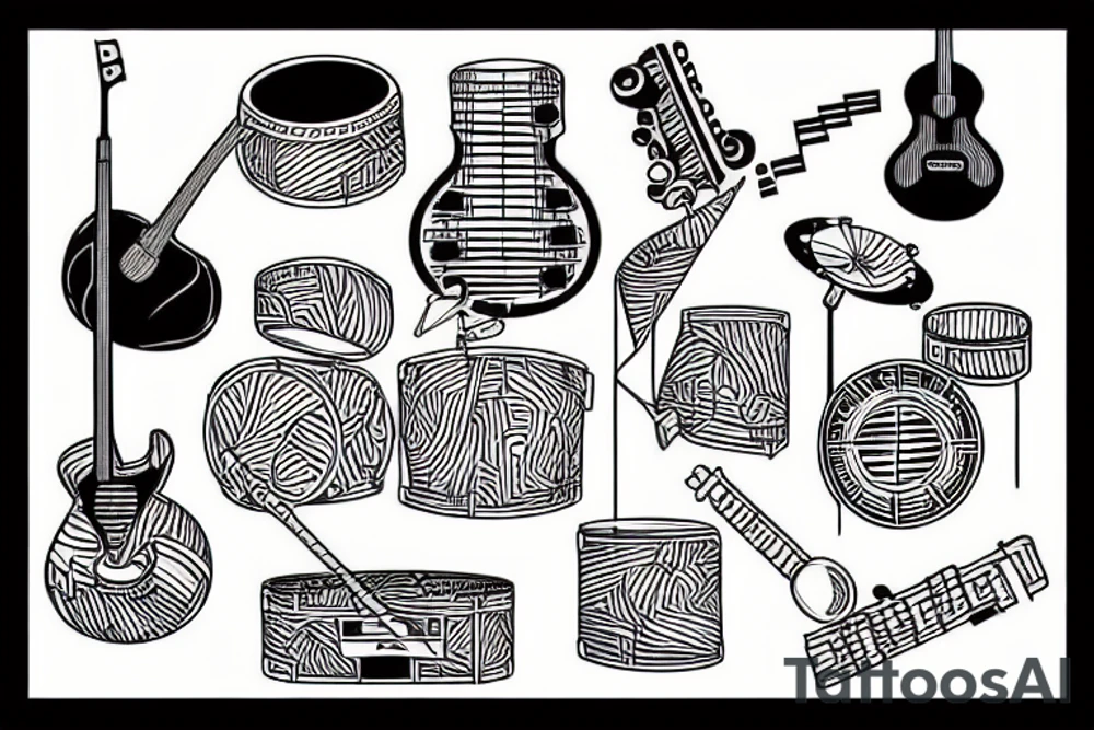 A music themed tattoo with lines connecting everything featuring drums and guitar. tattoo idea