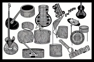 A music themed tattoo with lines connecting everything featuring drums and guitar. tattoo idea