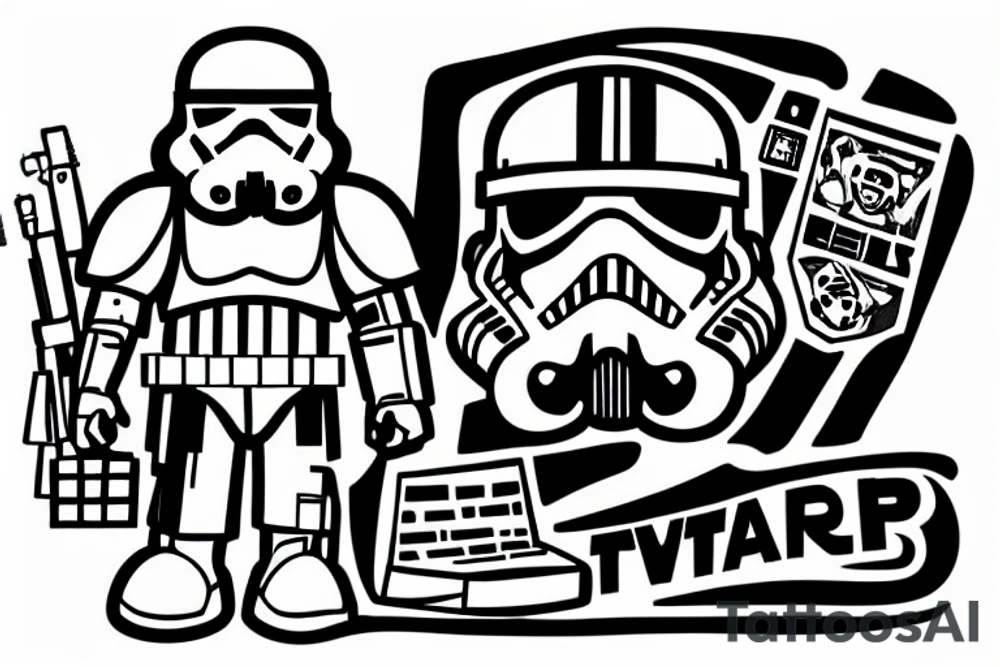 a stormtrooper from star wars working as a web programmer, using a laptop tattoo idea