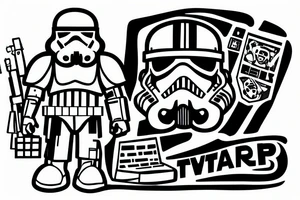 a stormtrooper from star wars working as a web programmer, using a laptop tattoo idea