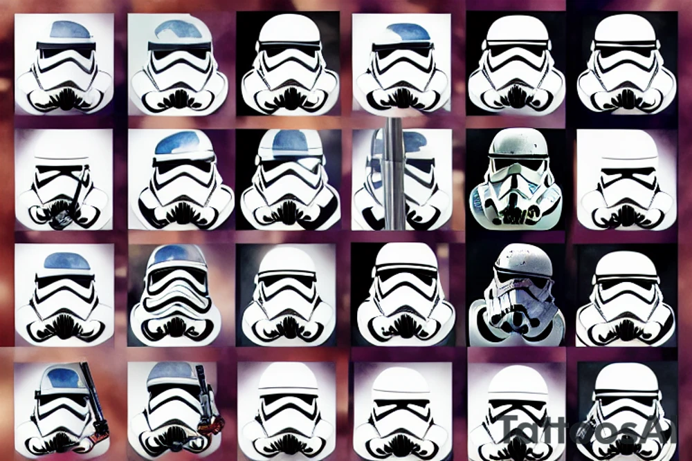 a stormtrooper from star wars working as a web programmer, using a laptop tattoo idea