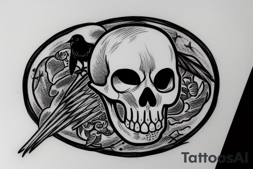 Funny skull inside a circle with a small crow and the phrase "Ad Astra Per Aspera" tattoo idea