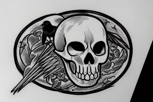 Funny skull inside a circle with a small crow and the phrase "Ad Astra Per Aspera" tattoo idea