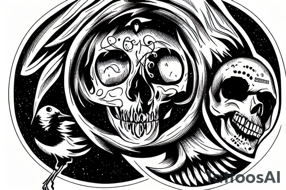 Funny skull inside a circle with a small crow and the phrase "Ad Astra Per Aspera" tattoo idea