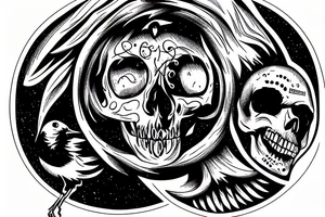 Funny skull inside a circle with a small crow and the phrase "Ad Astra Per Aspera" tattoo idea