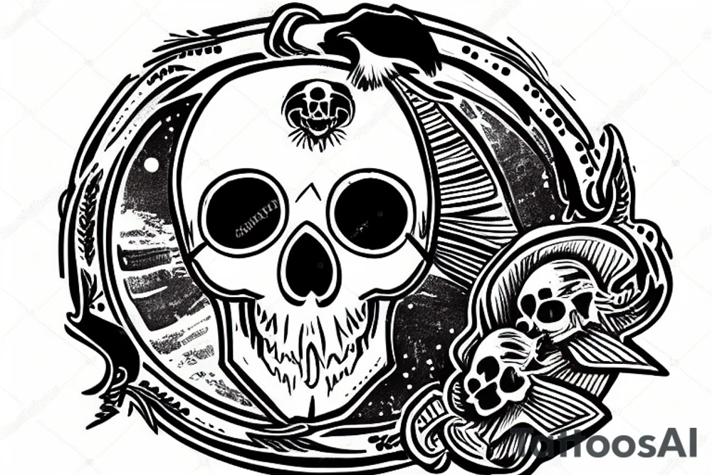 skull inside a circle with a small crow and lettering "Ad Astra Per Aspera" tattoo idea