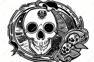 skull inside a circle with a small crow and lettering "Ad Astra Per Aspera" tattoo idea
