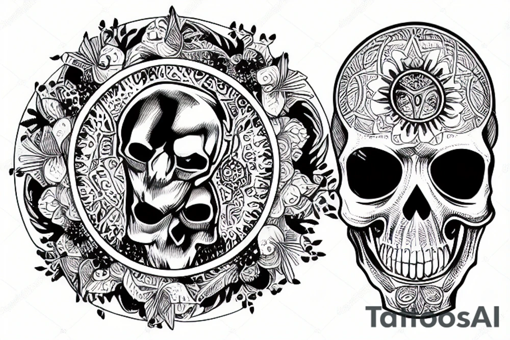 skull inside a circle with a small crow tattoo idea