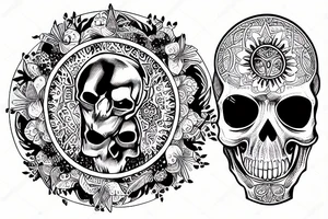 skull inside a circle with a small crow tattoo idea