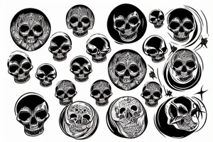 skull inside a circle with a small crow tattoo idea