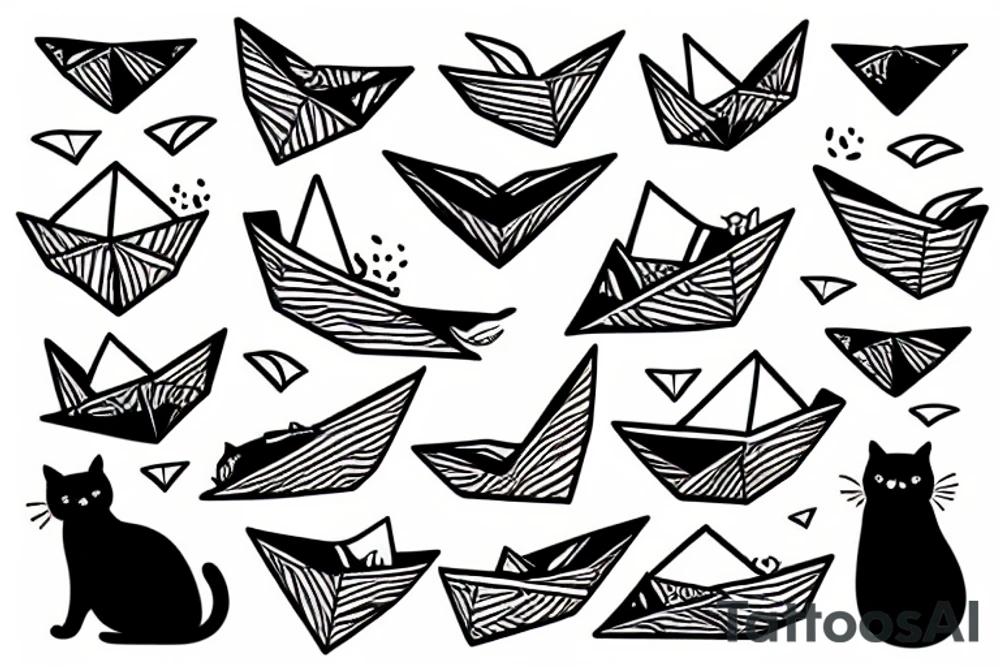 cat with a paper boat tattoo idea