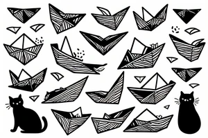 cat with a paper boat tattoo idea