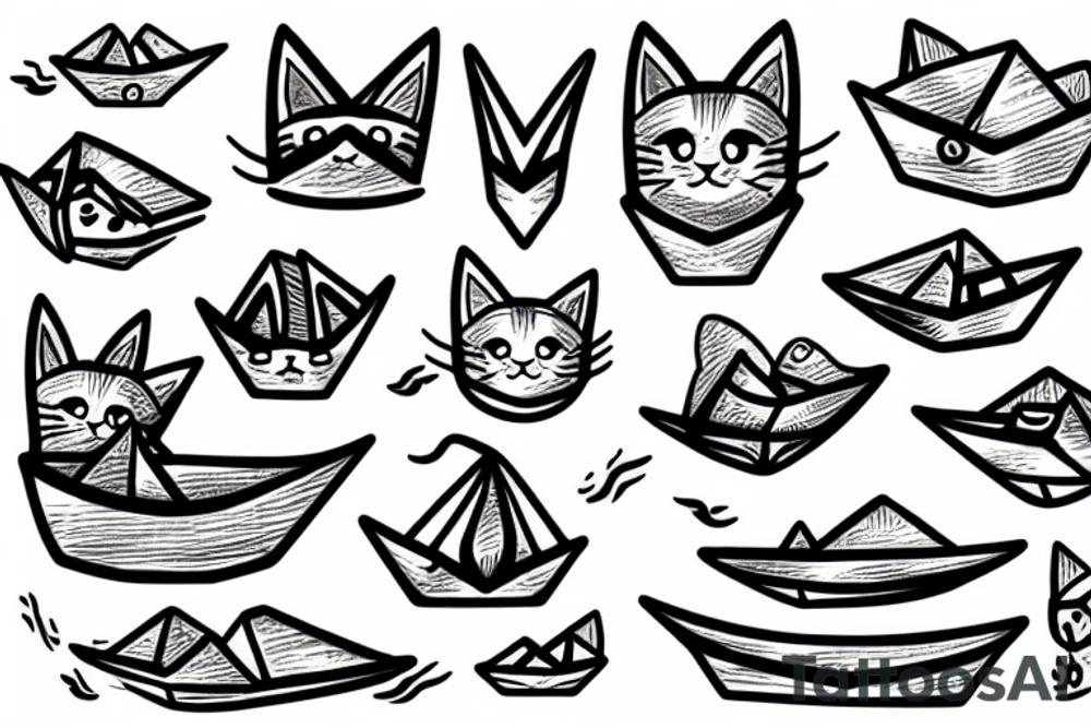 cat with a paper boat tattoo idea