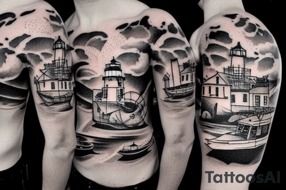 boat at the sea and a lighthouse tattoo idea