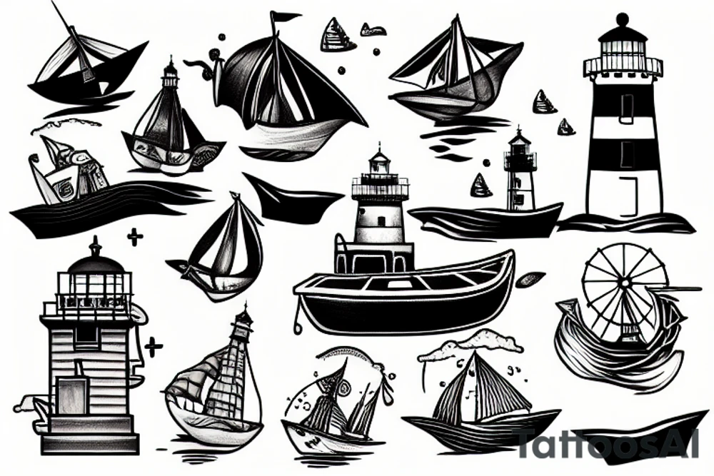 boat at the sea and a lighthouse tattoo idea