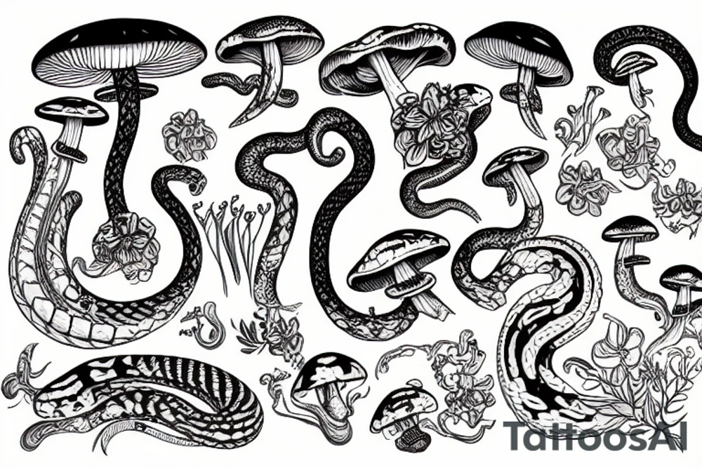 A snake skeleton with flowers and mushrooms tattoo idea