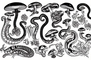 A snake skeleton with flowers and mushrooms tattoo idea
