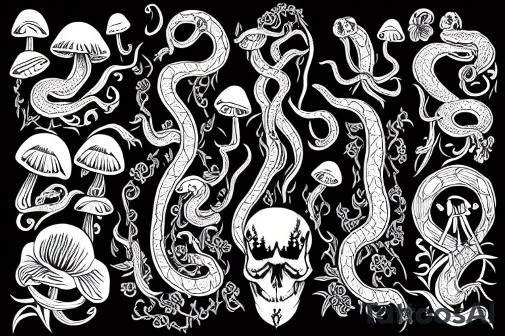 A snake skeleton with flowers and mushrooms tattoo idea