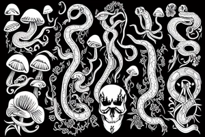 A snake skeleton with flowers and mushrooms tattoo idea