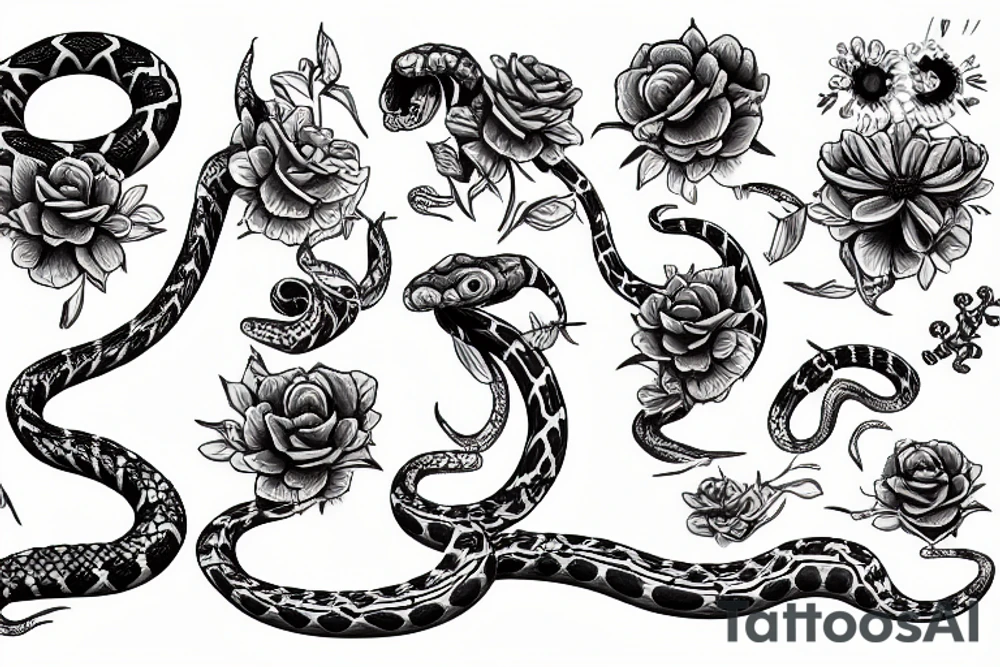 A snake skeleton with flowers tattoo idea