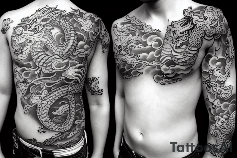japanese inspired sleeve tattoo with dragons and oni tattoo idea