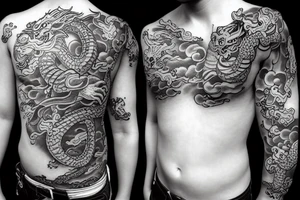 japanese inspired sleeve tattoo with dragons and oni tattoo idea