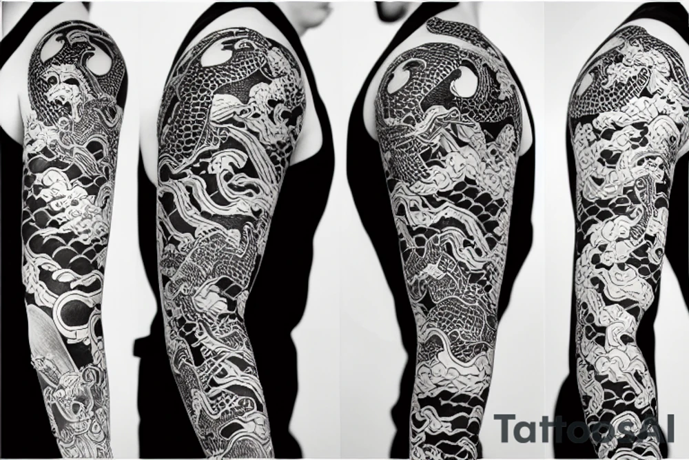 japanese inspired sleeve tattoo with dragons and oni tattoo idea