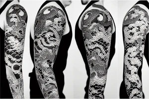 japanese inspired sleeve tattoo with dragons and oni tattoo idea