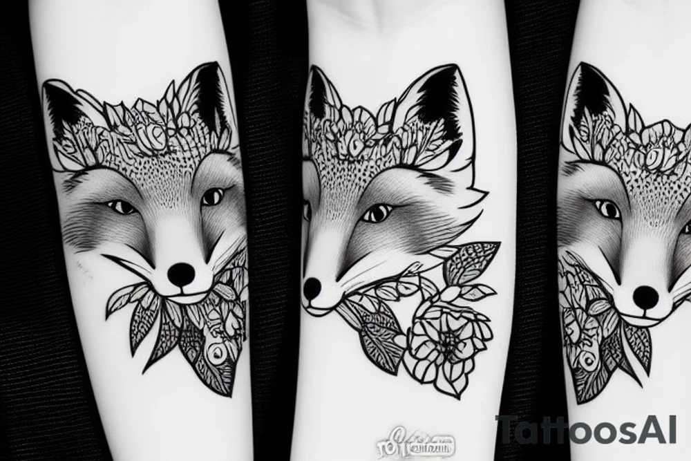Floral motif with a resting fox tattoo idea