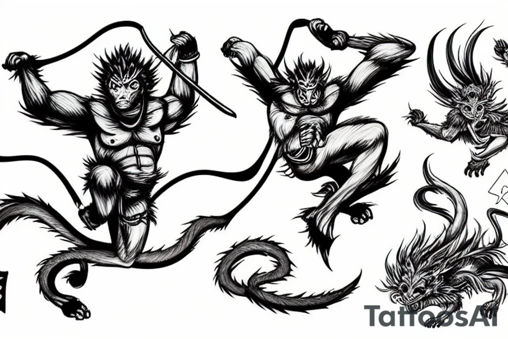 Sun wukong on a cloud fighting against a dragon tattoo idea