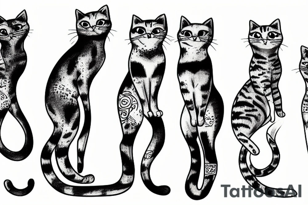 Five cats peeking from cargo pant pockets tattoo idea