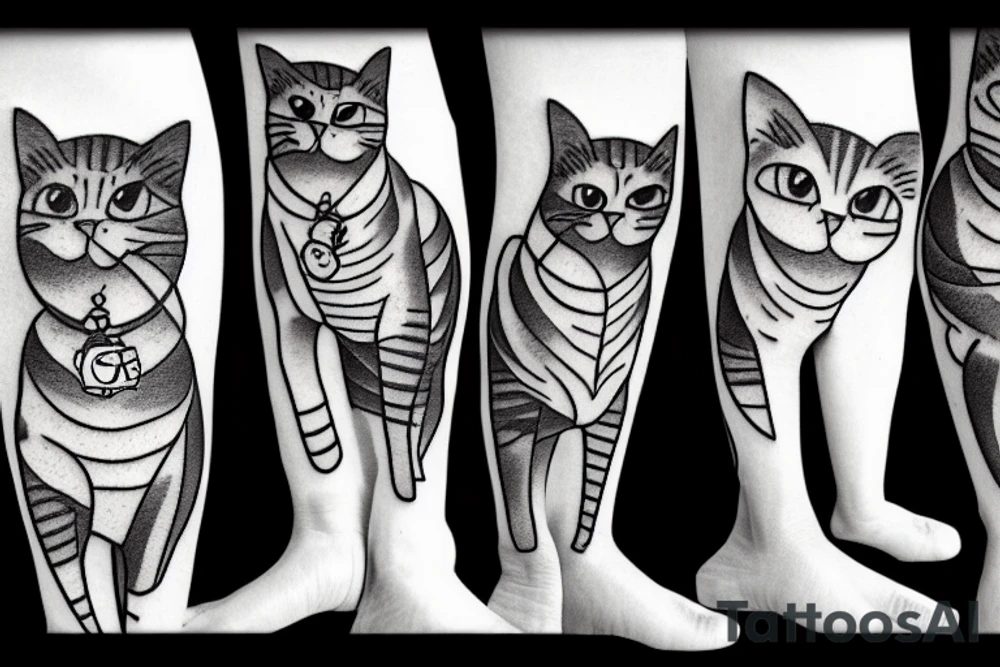 Five cats peeking from cargo pant pockets tattoo idea