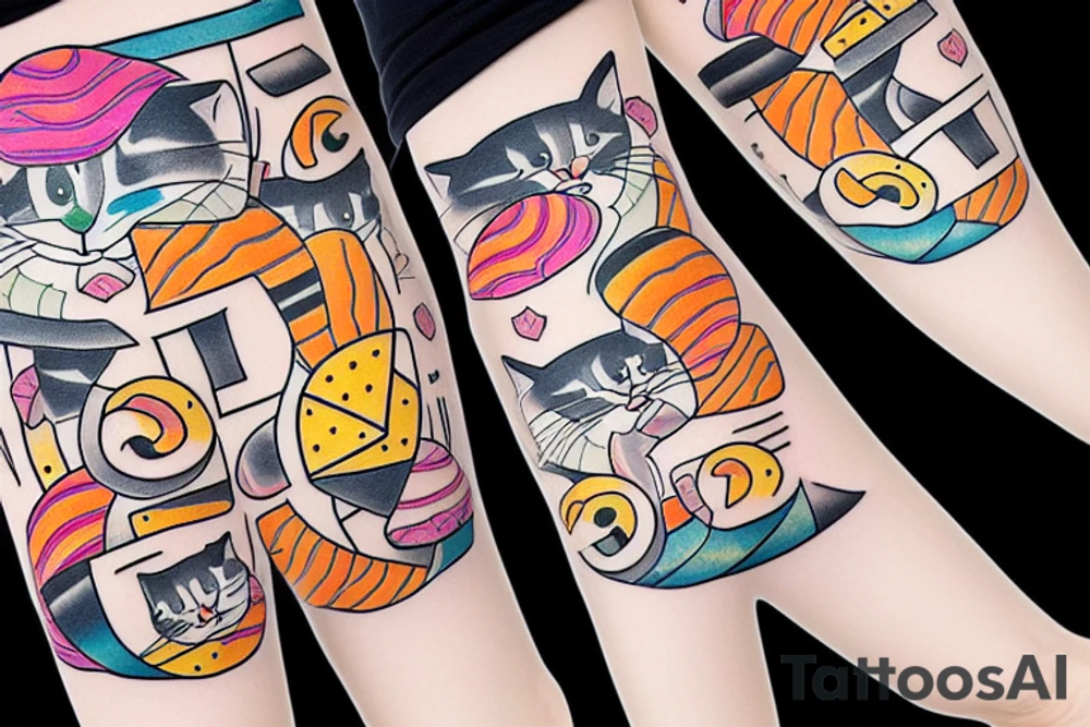 cat pants with sushi colorful tattoo idea