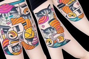 cat pants with sushi colorful tattoo idea