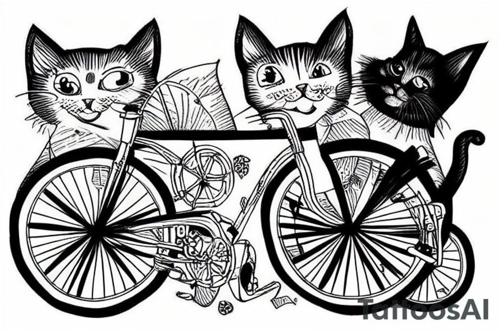 Cats inside a pant trousers on a bicycle tattoo idea