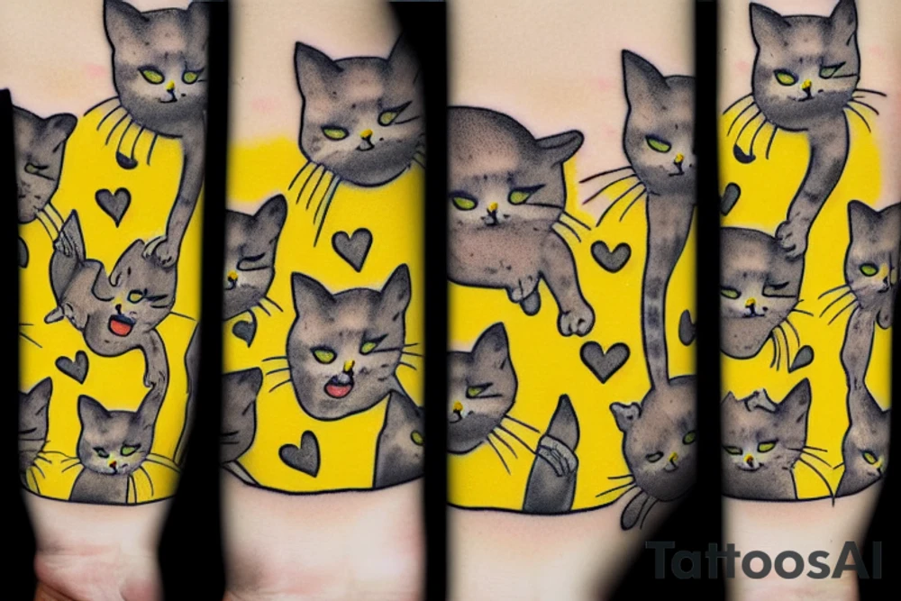 home yellow pants with big pockets that have many cat pictures on them and one cat is in a pocket tattoo idea
