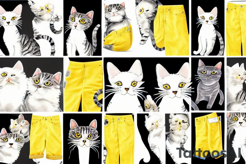 home yellow pants with big pockets that have many cat pictures on them and one cat is in a pocket tattoo idea