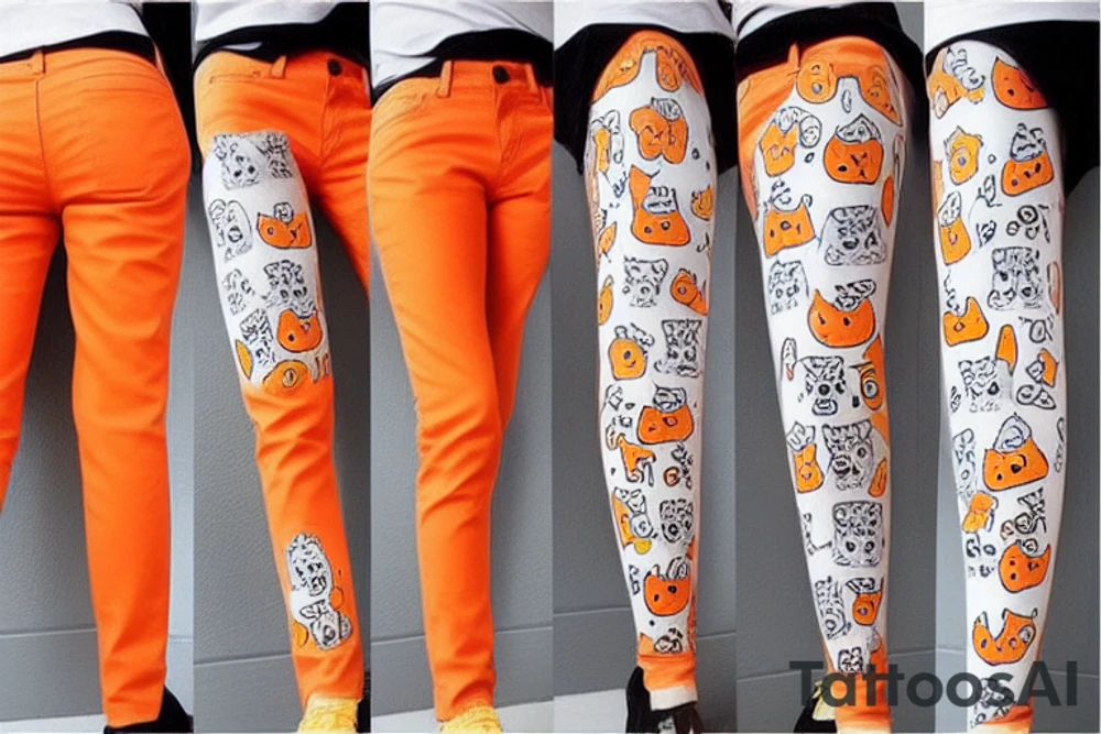 orange pants with big pockets that have many cat pictures on them tattoo idea
