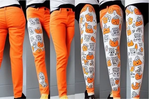 orange pants with big pockets that have many cat pictures on them tattoo idea