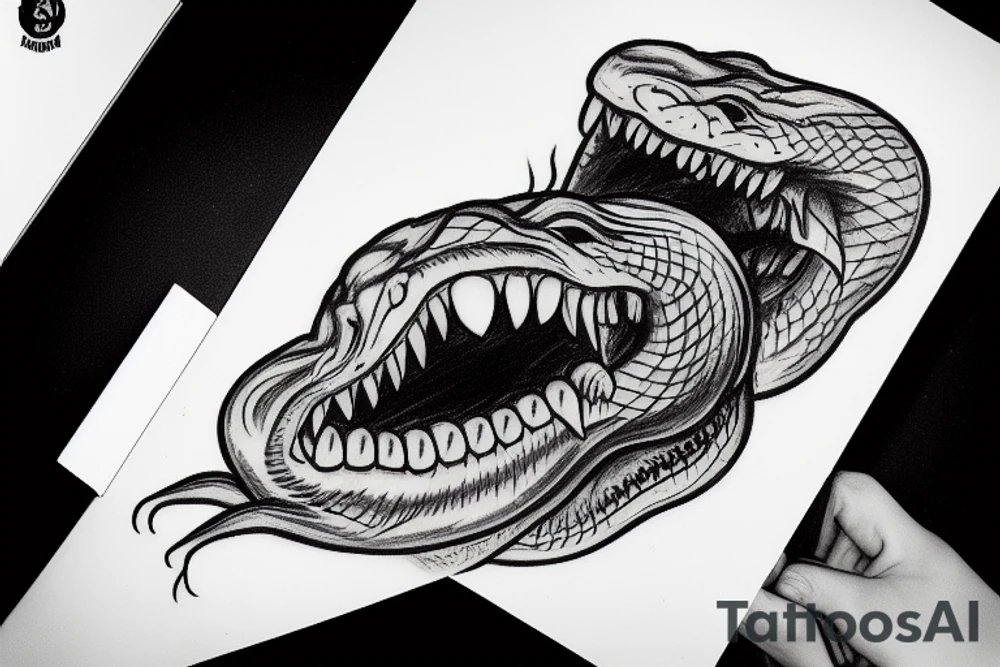 Snake head frontal bite with visible fangs tattoo idea