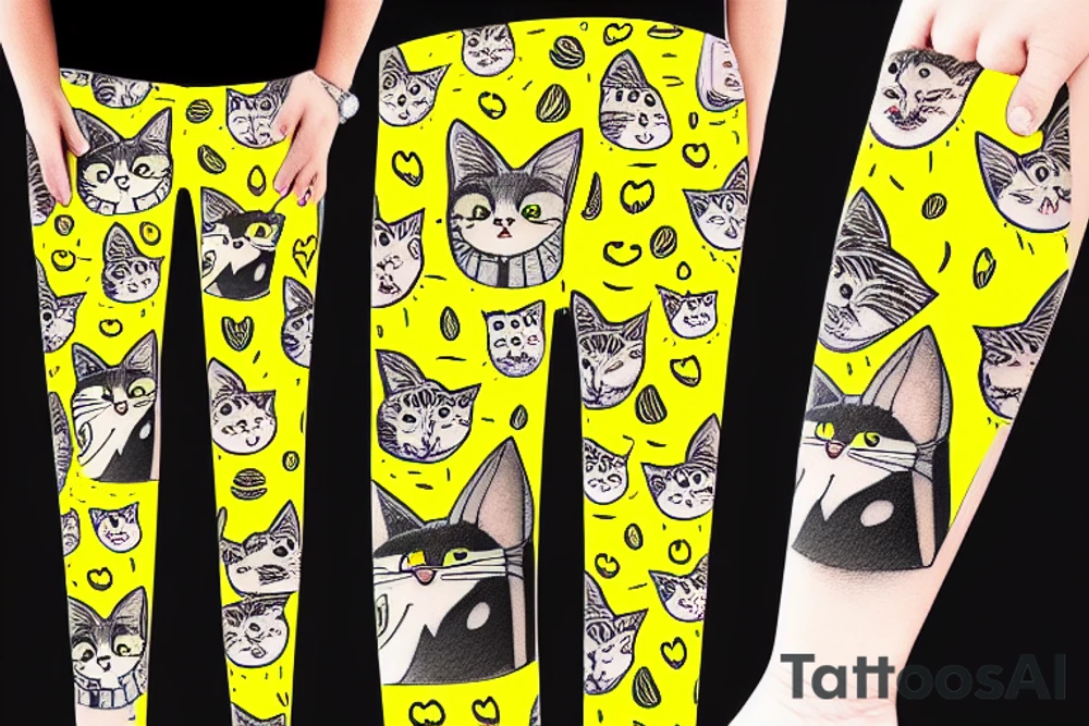 yellow pants with big pockets that have many cats on them tattoo idea