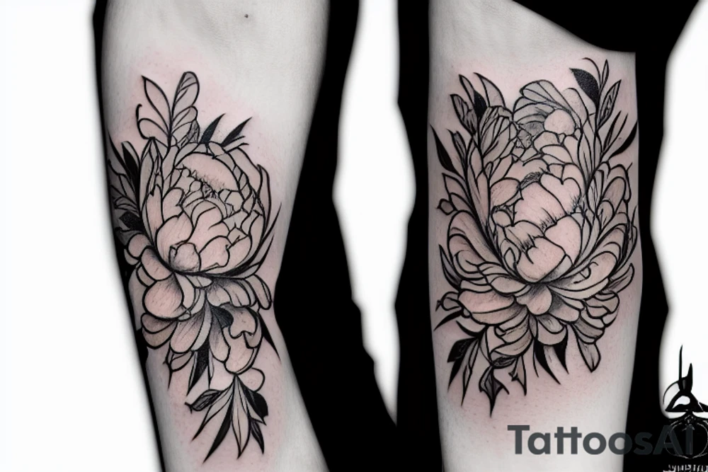 peony with a dagger and small blood marks tattoo idea