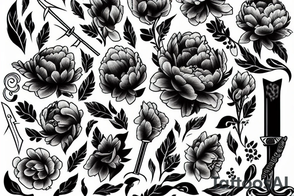 peony with a dagger and small blood marks tattoo idea
