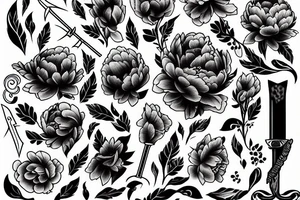 peony with a dagger and small blood marks tattoo idea